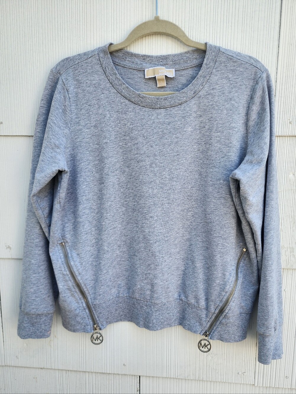 Michael Kors Women’s Large Gray Crewneck Pullover Sweatshirt Zipper Tabs MK
